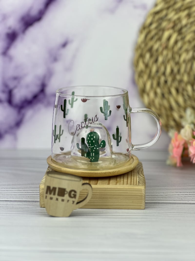 لیوان شیشه ای کاکتوس بامبوم با درب بامبو مدل آگیتا کد B1164